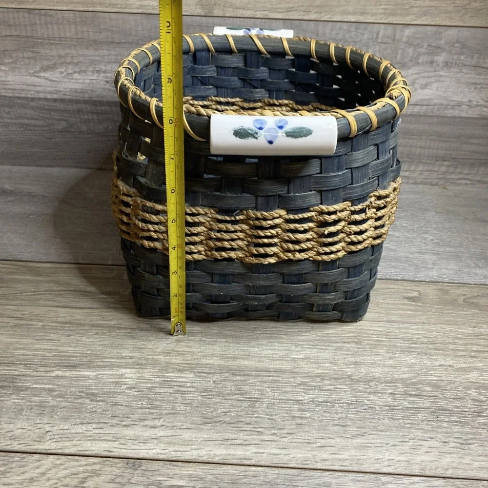 Vintage Bamboo Woven Basket Blue With Porcelain Handle